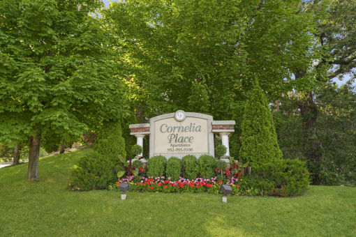 a sign for comida place in front of trees and flowers