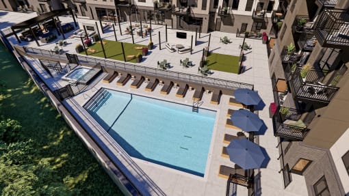a view of the pool from above at the grove resort and spa at Ardor on the Bluffs South Loop Residences Apartments, Bloomington, MN