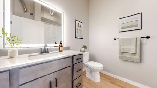 a bathroom with a sink and a toilet at Ardor on the Bluffs South Loop Residences Apartments, Minnesota, 55425