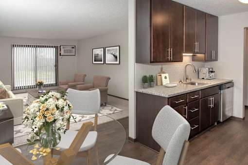 Living Room View From Kitchen at Aspenwood Apartments, MN, 55123