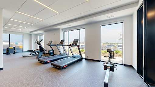 A gym with treadmills and elliptical machines.