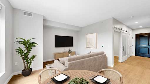 A living room with a couch, a television, and a potted plant.