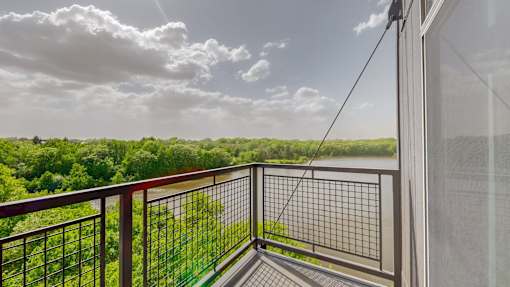 A balcony with a metal railing overlooks a lush green landscape. at Lake Jonathan Flats, Minnesota