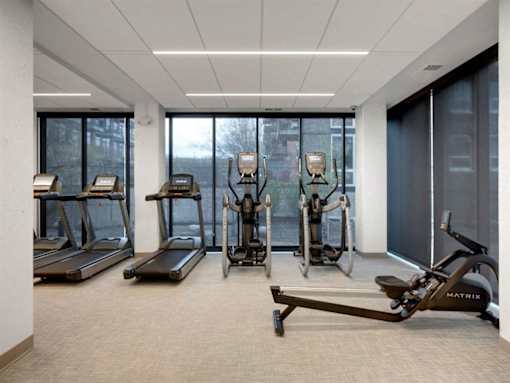 A gym with treadmills, elliptical machines, and a stationary bike.at Viridium Apartments, Minneapolis, 55401 