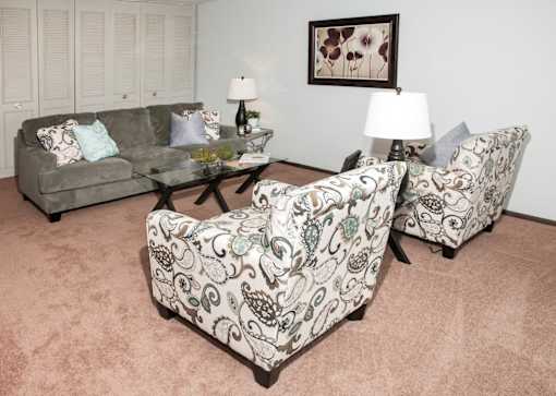 Two patterned chairs are placed in front of a glass coffee table.