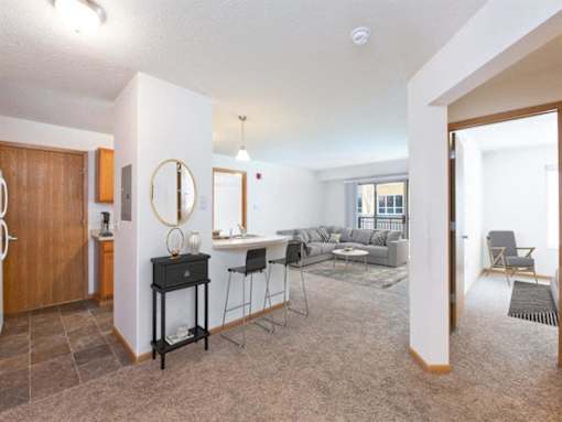 Living Room with a Grey Sofa at Joseph's Pointe at Upper Landing Apartments, St. Paul, MN