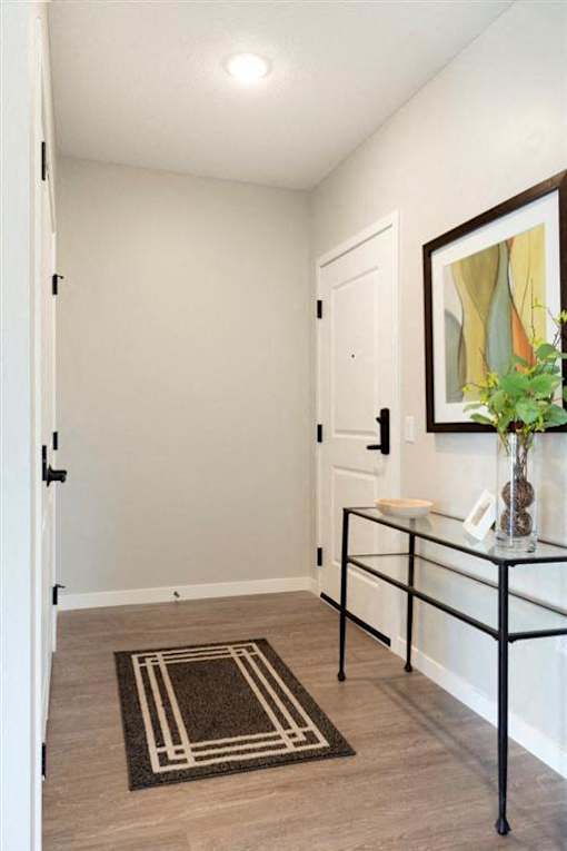 A hallway with a black and white rug on the floor at The Barnum Apartments, White Bear Lake, Minnesota