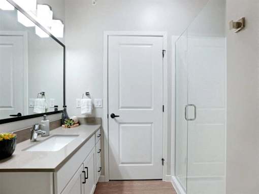 Bathroom With Storage at The Barnum Apartments, White Bear Lake, Minnesota