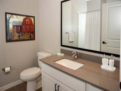 Bathroom with large mirror and sink at The Barnum Apartments, White Bear Lake, MN,  55110