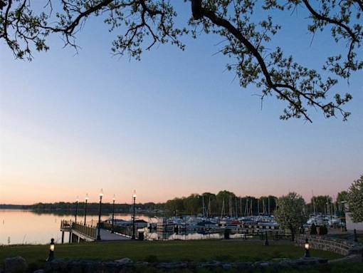 A tree branch is in the foreground of a serene lake scene with boats docked at a pier at The Barnum Apartments, MN, 55110