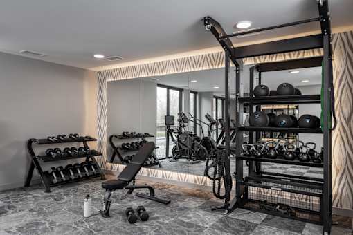 A well-equipped home gym with a variety of exercise equipment.