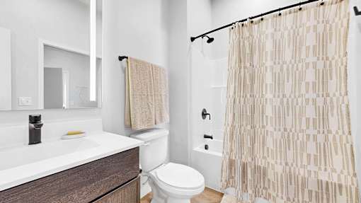A bathroom with a toilet, sink, and shower curtain.