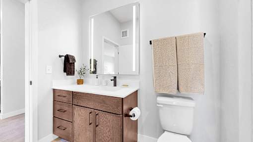 A white toilet sits next to a sink with a mirror above it.