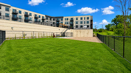 A grassy area in front of apartment buildings.