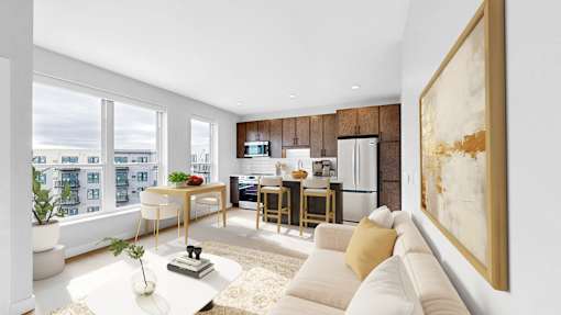 A modern living room with a large window overlooking a cityscape.