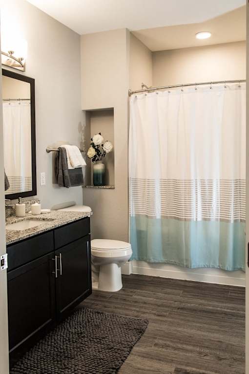 A bathroom with a toilet, sink, and shower curtain.