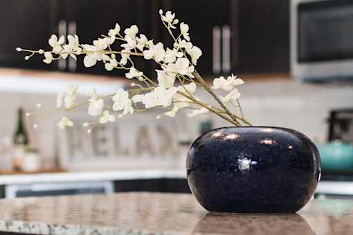 A vase with white flowers sits on a table.