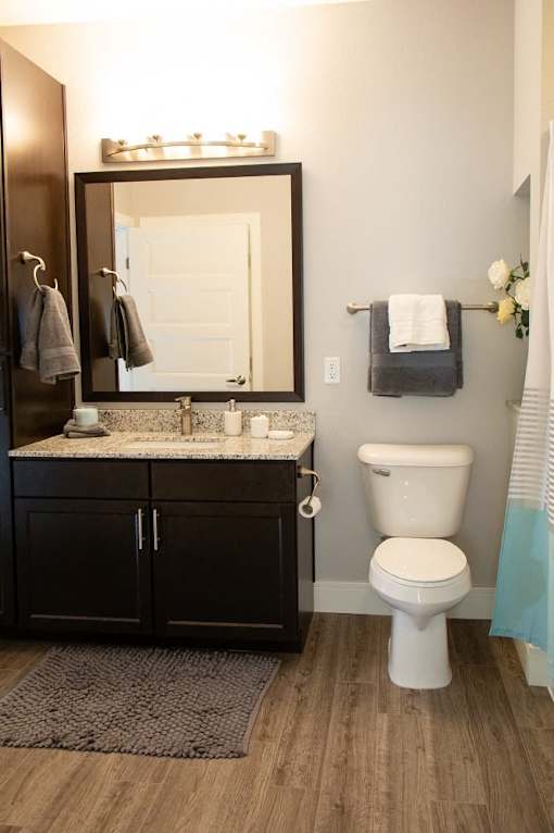 A bathroom with a white toilet and a mirror above a sink.