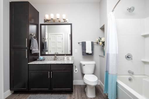 A bathroom with a white toilet, a sink with a mirror above it, and a shower with a blue shower curtain.