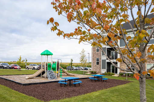 A playground with a green slide and a tree with orange leaves.