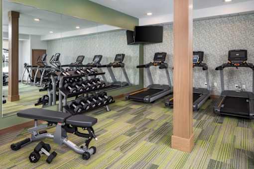 A gym with treadmills, exercise bikes, and weights.at The Edison at Rice Creek I and II, Shoreview, MN
