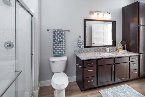 A bathroom with a toilet, sink, and mirror at The Edison at Spirit, Lakeville, MN 55044