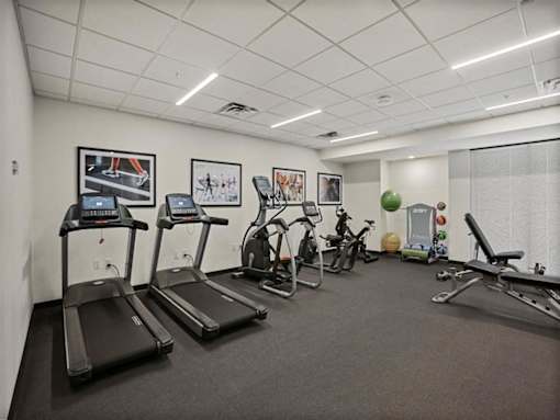 A gym with treadmills, exercise bikes, and other equipment.