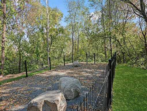 A black fence surrounds a rocky area in a wooded area.