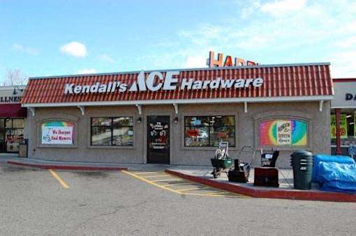 Kendall's Ace Hardware store with a blue tarp on the ground.