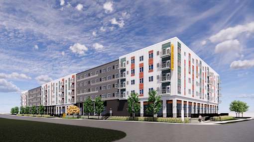 A modern multi-story building at Soul Apartments, St. Paul, MN 55107