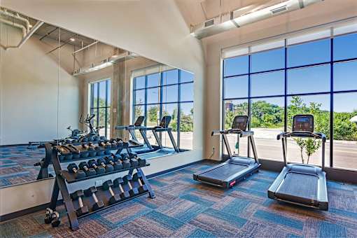 A gym with treadmills and a rack of dumbbells at Soul Apartments, St. Paul, 55107