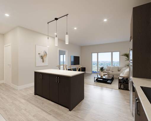 A modern kitchen with a large island and a dining area.at Croft at Rosecott, Rosemount, MN 55068