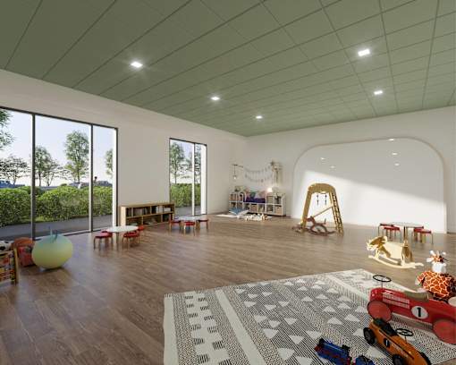 A room with a green ceiling and wooden floors, furnished with a sofa, chairs, and a play area for children.at Croft at Rosecott, Minnesota 