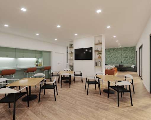 A modern dining room with wooden floors and white walls.at Croft at Rosecott, Minnesota, 55068
