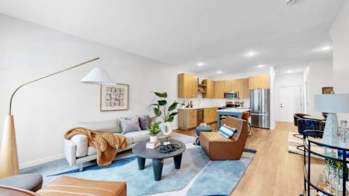 A modern living room with a grey sofa, a wooden coffee table, and a blue rug.
