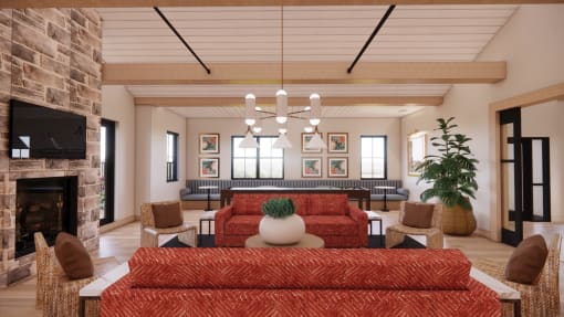 a living room with red furniture at Sandhill Parkway Townhomes Apartments, Minnesota, 55011