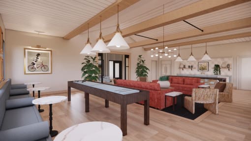 a living room with a ping pong table  and a dining room at Sandhill Parkway Townhomes Apartments, East Bethel, Minnesota