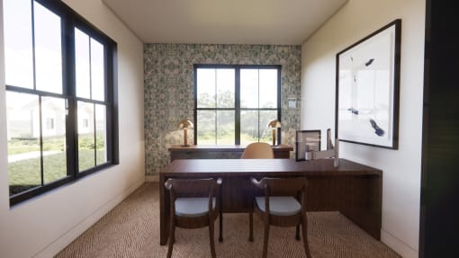 a dining room with a table and chairs and large windows at Sandhill Parkway Townhomes Apartments, East Bethel