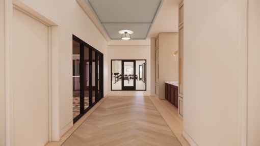 a hallway with a door to a closet and a mirror on the wall at Sandhill Parkway Townhomes Apartments, East Bethel