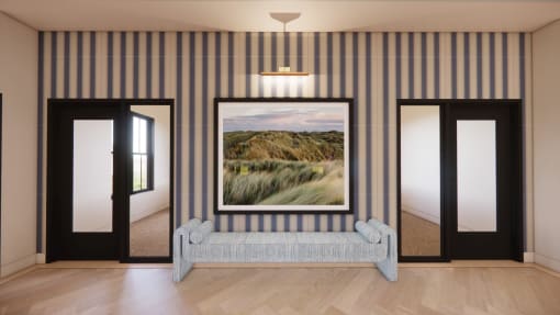 a living room with a bench and pictures on the wall at Sandhill Parkway Townhomes Apartments, East Bethel, 55011