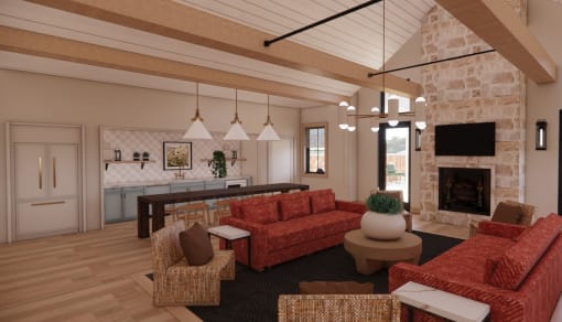 a living room with red Couch at Sandhill Parkway Townhomes Apartments, East Bethel, MN