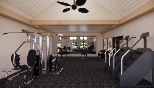 a gym with cardio equipment and a ceiling fan at Sandhill Parkway Townhomes Apartments, Minnesota