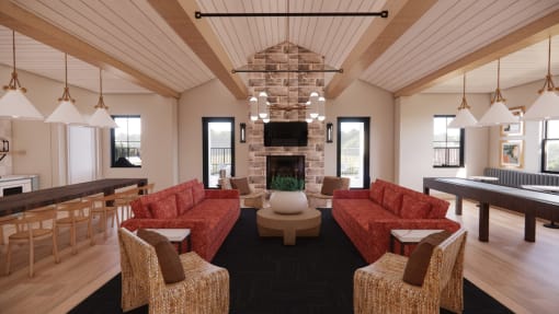 a rendering of a living room with furniture and a fireplace at Sandhill Parkway Townhomes Apartments, Minnesota, 55011