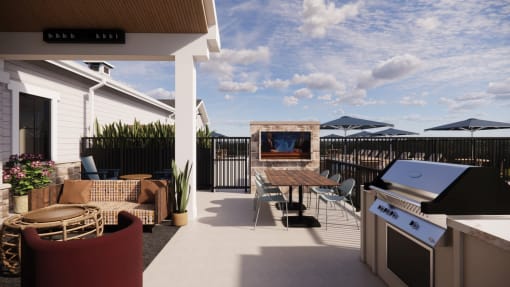a patio with a grill and a table with chairs and umbrellas at Sandhill Parkway Townhomes Apartments, East Bethel, Minnesota