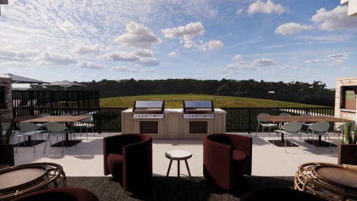 a rooftop patio with tables and chairs and two gas grills at Sandhill Parkway Townhomes Apartments, Minnesota, 55011