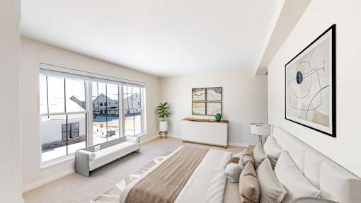 A modern bedroom with a large bed and a view of the city through the window.