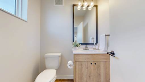 A white toilet sits next to a wooden cabinet with a mirror above it.