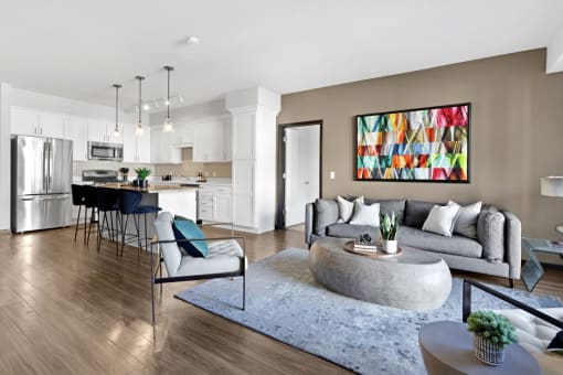 a living room with a couch and a table