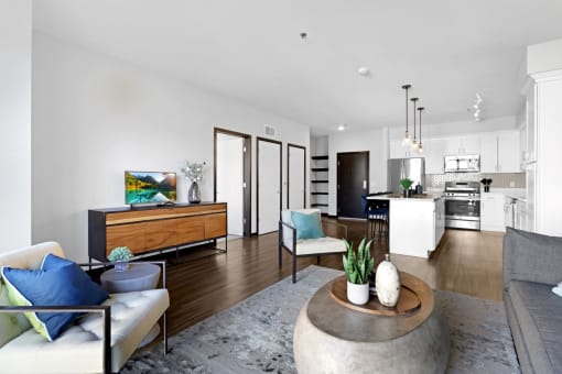 a living room with a couch and a table
