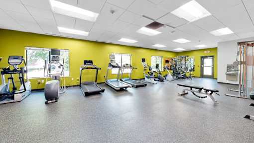 A gym with treadmills, elliptical machines, and other exercise equipment.
